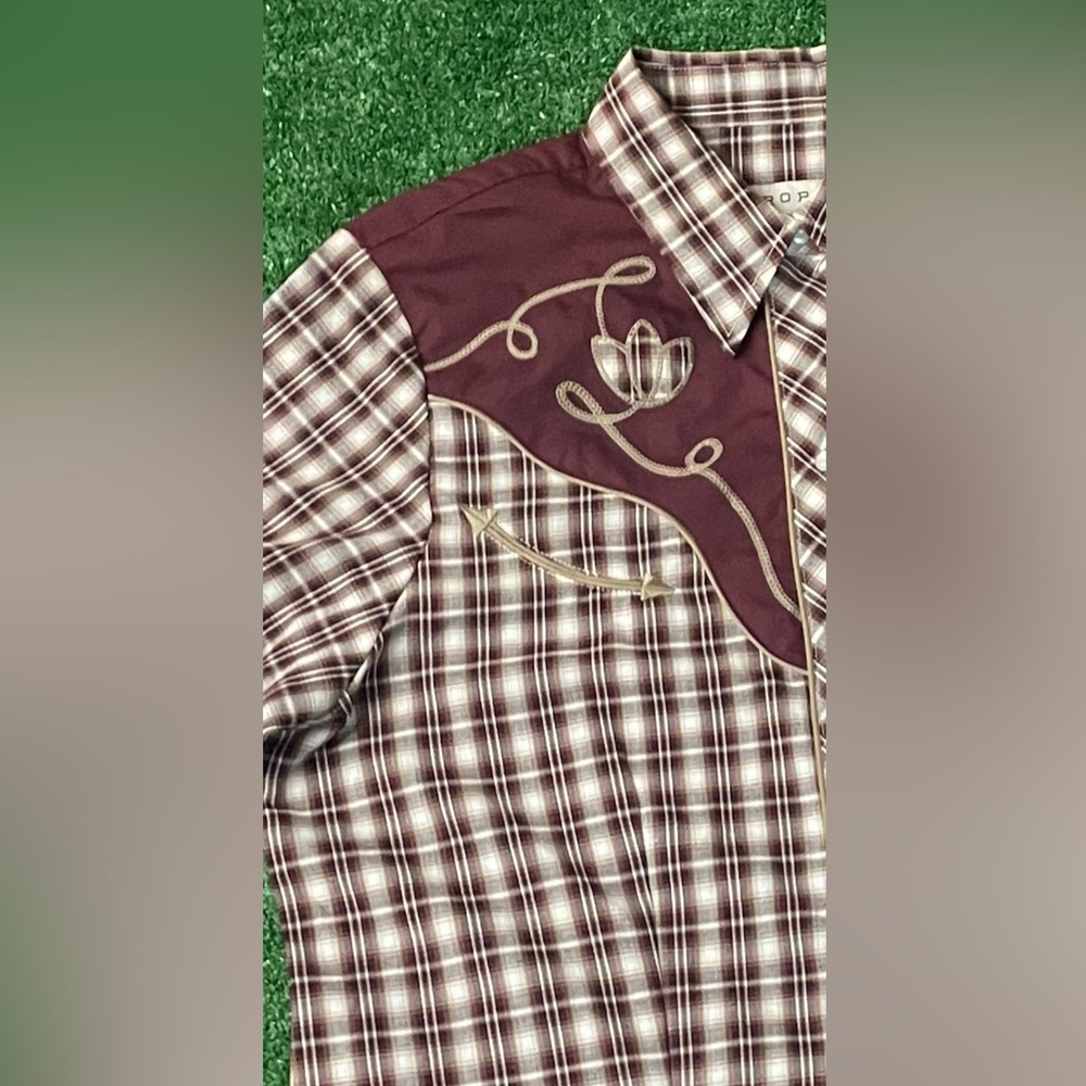 ROPERS WESTERN COWGIRL SNAP WINE CREAM TAN SMALL SCALE PLAID SIZE L-XL - Picture 10 of 11
